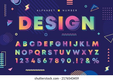 Gradient Memphis alphabet and number set. Multicolor vector decorative typographic. Modern stylish font for poster, social web, brochure, scrapbook, graphic layout, packaging design, etc. 