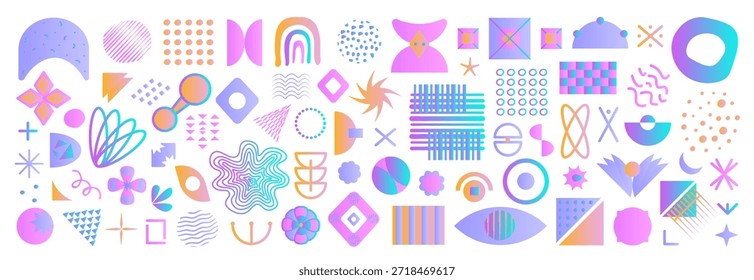 Diseño de memphis degradado, conjunto de Formas geométricas, figuras primitivas brutales, Formas de Vector con grandes Elementos brutalistas de colores y2k
