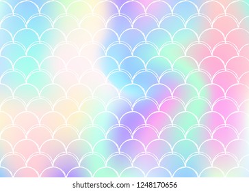 Gradient mermaid background with holographic scales. Bright color transitions. Fish tail banner and invitation. Underwater and sea pattern for girlie party. Rainbow backdrop with gradient mermaid.