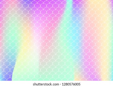 Gradient mermaid background with holographic scales. Bright color transitions. Fish tail banner and invitation. Underwater and sea pattern for girlie party. Plastic backdrop with gradient mermaid.