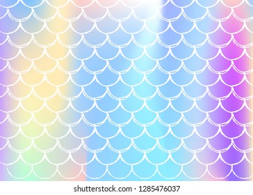 Gradient mermaid background with holographic scales. Bright color transitions. Fish tail banner and invitation. Underwater and sea pattern for girlie party. Spectrum backdrop with gradient mermaid.
