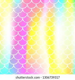 Gradient mermaid background with holographic scales. Bright color transitions. Fish tail banner and invitation. Underwater and sea pattern for girlie party. Colorful backdrop with gradient mermaid.