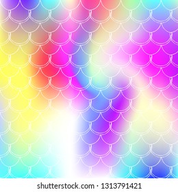 Gradient mermaid background with holographic scales. Bright color transitions. Fish tail banner and invitation. Underwater and sea pattern for girlie party. Iridescent backdrop with gradient mermaid.