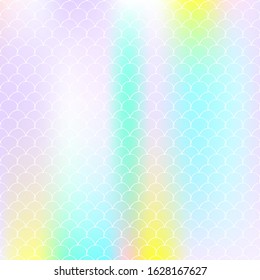 Gradient mermaid background with holographic scales. Bright color transitions. Fish tail banner and invitation. Underwater and sea pattern for girlie party. Rainbow backdrop with gradient mermaid.