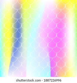 Gradient mermaid background with holographic scales. Bright color transitions. Fish tail banner and invitation. Underwater and sea pattern for girlie party. Iridescent backdrop with gradient mermaid.