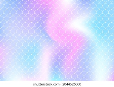 Gradient mermaid background with holographic scales. Bright color transitions. Fish tail banner and invitation. Underwater and sea pattern for girlie party. Neon backdrop with gradient mermaid.