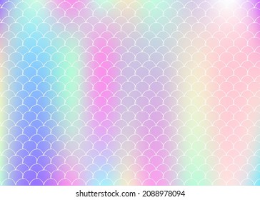 Gradient mermaid background with holographic scales. Bright color transitions. Fish tail banner and invitation. Underwater and sea pattern for girlie party. Neon backdrop with gradient mermaid.