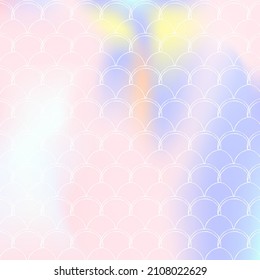 Gradient mermaid background with holographic scales. Bright color transitions. Fish tail banner and invitation. Underwater and sea pattern for girlie party. Multicolor backdrop with gradient mermaid.