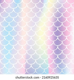 Gradient mermaid background with holographic scales. Bright color transitions. Fish tail banner and invitation. Underwater and sea pattern for girlie party. Plastic backdrop with gradient mermaid.