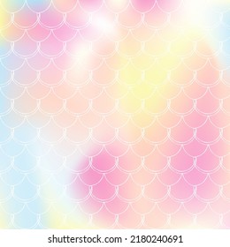 Gradient mermaid background with holographic scales. Bright color transitions. Fish tail banner and invitation. Underwater and sea pattern for girlie party. Bright backdrop with gradient mermaid.