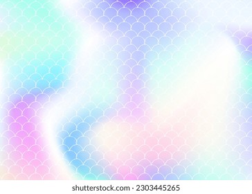 Gradient mermaid background with holographic scales. Bright color transitions. Fish tail banner and invitation. Underwater and sea pattern for girlie party. Neon backdrop with gradient mermaid.