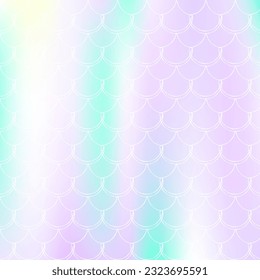 Gradient mermaid background with holographic scales. Bright color transitions. Fish tail banner and invitation. Underwater and sea pattern for girlie party. Iridescent backdrop with gradient mermaid.