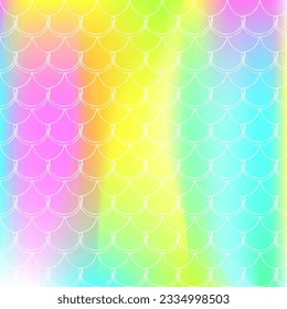 Gradient mermaid background with holographic scales. Bright color transitions. Fish tail banner and invitation. Underwater and sea pattern for girlie party. Rainbow backdrop with gradient mermaid.