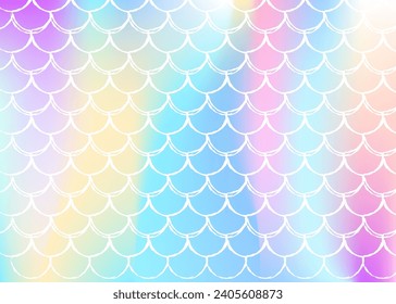 Gradient mermaid background with holographic scales. Bright color transitions. Fish tail banner and invitation. Underwater and sea pattern for girlie party. Rainbow backdrop with gradient mermaid.