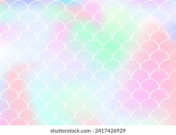 Gradient mermaid background with holographic scales. Bright color transitions. Fish tail banner and invitation. Underwater and sea pattern for girlie party. Futuristic backdrop with gradient mermaid.