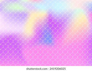 Gradient mermaid background with holographic scales. Bright color transitions. Fish tail banner and invitation. Underwater and sea pattern for girlie party. Neon backdrop with gradient mermaid.