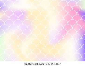 Gradient mermaid background with holographic scales. Bright color transitions. Fish tail banner and invitation. Underwater and sea pattern for girlie party. Rainbow backdrop with gradient mermaid.