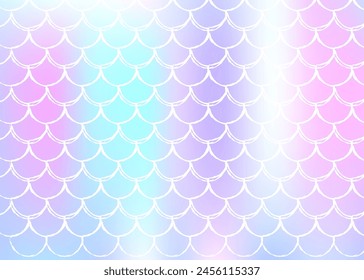 Gradient mermaid background with holographic scales. Bright color transitions. Fish tail banner and invitation. Underwater and sea pattern for girlie party. Multicolor backdrop with gradient mermaid.