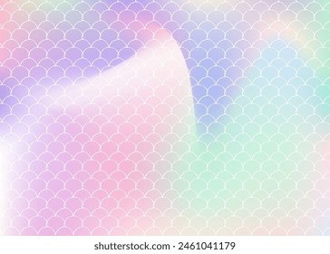 Gradient mermaid background with holographic scales. Bright color transitions. Fish tail banner and invitation. Underwater and sea pattern for girlie party. Neon backdrop with gradient mermaid.