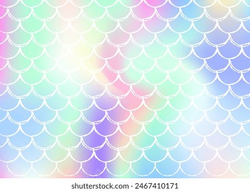 Fondo de sirena de degradado con escalas holográficas. Transiciones de color brillantes. Anuncio de cola de pescado e invitación. Patrón submarino y marino para fiesta de chicas. Fondo brillante con sirena de gradiente.