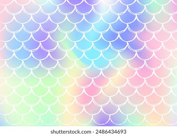 Gradient mermaid background with holographic scales. Bright color transitions. Fish tail banner and invitation. Underwater and sea pattern for girlie party. Rainbow backdrop with gradient mermaid.
