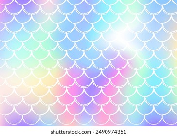 Gradient mermaid background with holographic scales. Bright color transitions. Fish tail banner and invitation. Underwater and sea pattern for girlie party. Neon backdrop with gradient mermaid.