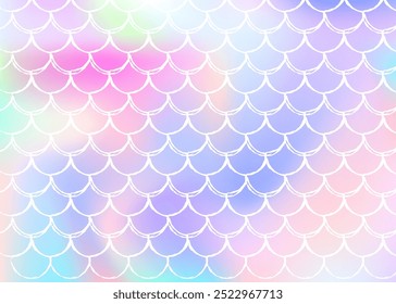 Gradient mermaid background with holographic scales. Bright color transitions. Fish tail banner and invitation. Underwater and sea pattern for girlie party. Fluorescent backdrop with gradient mermaid.