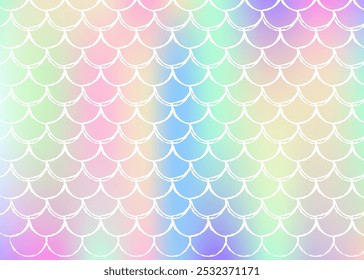 Gradient mermaid background with holographic scales. Bright color transitions. Fish tail banner and invitation. Underwater and sea pattern for girlie party. Iridescent backdrop with gradient mermaid.