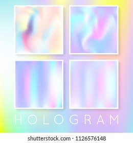 Gradient mesh abstract backgrounds set. Futuristic holographic backdrop with gradient mesh. 90s, 80s retro style. Pearlescent graphic template for banner, flyer, cover, mobile interface, web app.