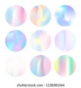 Gradient mesh abstract backgrounds set. Stylish holographic backdrop with gradient mesh. 90s, 80s retro style. Pearlescent graphic template for banner, flyer, cover, mobile interface, web app.