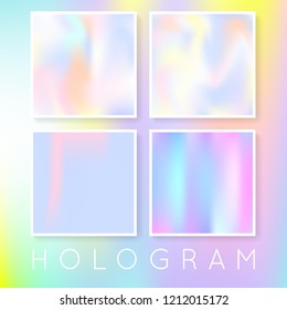Gradient mesh abstract backgrounds set. Futuristic holographic backdrop with gradient mesh. 90s, 80s retro style. Iridescent graphic template for brochure, flyer, poster, wallpaper, mobile screen.