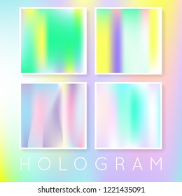 Gradient mesh abstract backgrounds set. Colorful holographic backdrop with gradient mesh. 90s, 80s retro style. Pearlescent graphic template for brochure, flyer, poster, wallpaper, mobile screen.