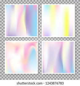 Gradient mesh abstract backgrounds set. Minimal holographic backdrop with gradient mesh. 90s, 80s retro style. Pearlescent graphic template for banner, flyer, cover, mobile interface, web app.