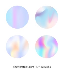 Gradient mesh abstract backgrounds set. Plastic holographic backdrop with gradient mesh. 90s, 80s retro style. Iridescent graphic template for banner, flyer, cover, mobile interface, web app.