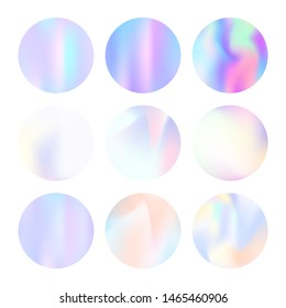 Gradient mesh abstract backgrounds set. Stylish holographic backdrop with gradient mesh. 90s, 80s retro style. Pearlescent graphic template for brochure, flyer, poster, wallpaper, mobile screen.