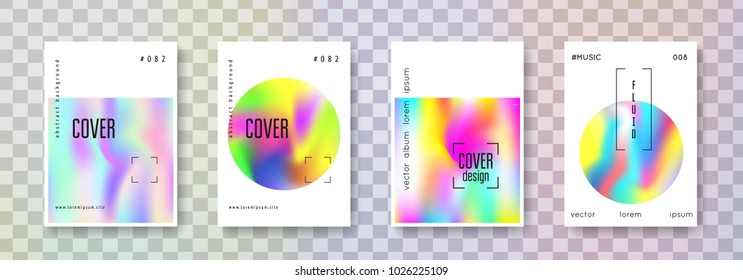 Gradient mesh cover set. Abstract backgrounds. Futuristic  hologram backdrop with gradient mesh. 90s, 80s retro style. Iridescent graphic template for brochure, banner, wallpaper, mobile screen.