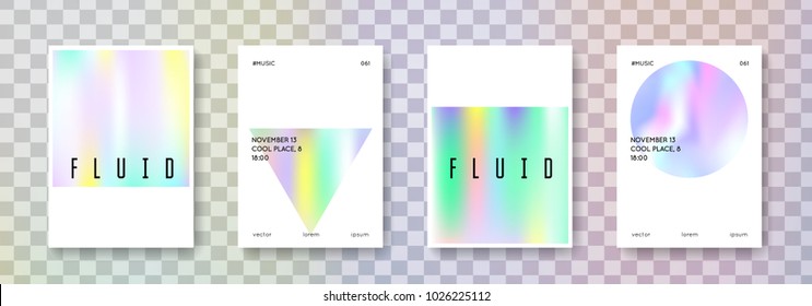 Gradient mesh cover set. Abstract backgrounds. Futuristic  hologram backdrop with gradient mesh. 90s, 80s retro style. Iridescent graphic template for brochure, banner, wallpaper, mobile screen.