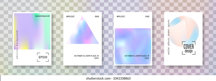 Gradient mesh cover set. Abstract backgrounds. Memphis gradient mesh cover with holographic foil. 90s, 80s retro style. Pearlescent graphic template for book, annual, mobile interface, web app.