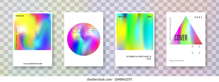 Gradient mesh cover set. Abstract backgrounds. Colorful gradient mesh cover with holographic foil. 90s, 80s retro style. Pearlescent graphic template for placard, presentation, banner, brochure.