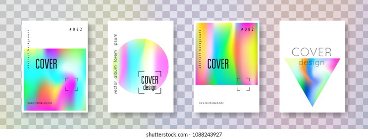 Gradient mesh cover set. Abstract backgrounds. Spectrum gradient mesh cover with holographic foil. 90s, 80s retro style. Iridescent graphic template for brochure, banner, wallpaper, mobile screen