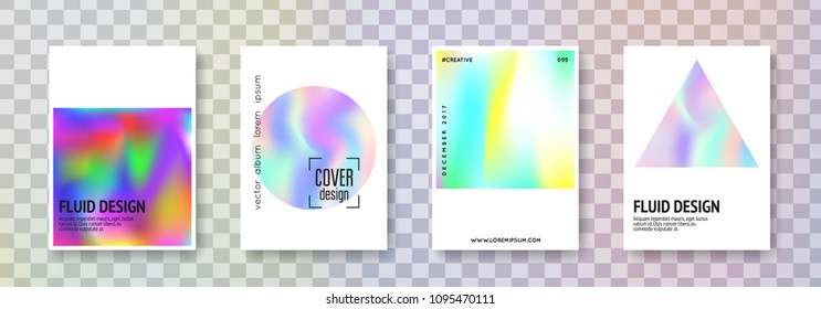 Gradient mesh cover set. Abstract backgrounds. Trendy gradient mesh cover with holographic foil. 90s, 80s retro style. Iridescent graphic template for brochure, banner, wallpaper, mobile screen