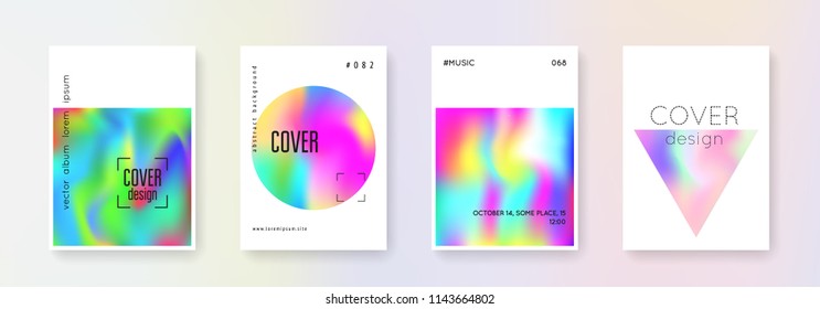 Gradient mesh cover set. Abstract backgrounds. Multicolor gradient mesh cover with holographic foil. 90s, 80s retro style. Iridescent graphic template for placard, presentation, banner, brochure.