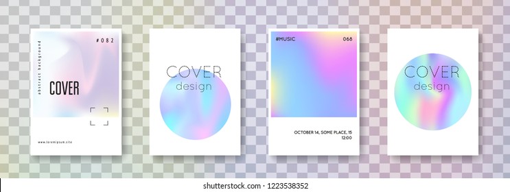 Gradient mesh cover set. Abstract backgrounds. Colorful gradient mesh cover with holographic foil. 90s, 80s retro style. Pearlescent graphic template for book, annual, mobile interface, web app.