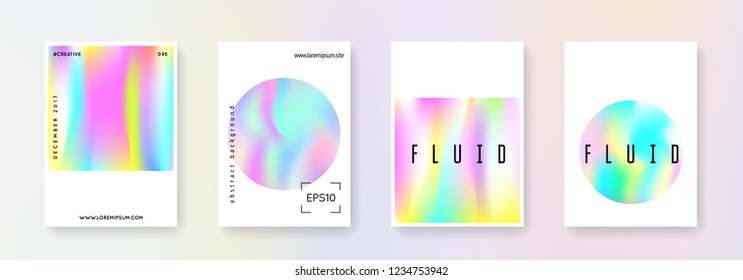 Gradient mesh cover set. Abstract backgrounds. Vibrant gradient mesh cover with holographic foil. 90s, 80s retro style. Iridescent graphic template for book, annual, mobile interface, web app.