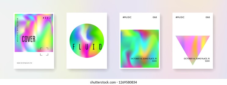 Gradient mesh cover set. Abstract backgrounds. Futuristic gradient mesh cover with holographic foil. 90s, 80s retro style. Iridescent graphic template for book, annual, mobile interface, web app.