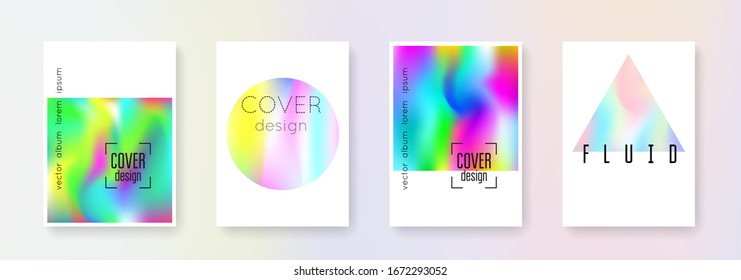 Conjunto de la tapa de malla degradada. Antecedentes abstractos. Tapa de malla de gradiente retro con lámina holográfica. estilo retro de los años 90 y 80. Plantilla gráfica Pearlescent para libro, anual, interfaz móvil, aplicación web.