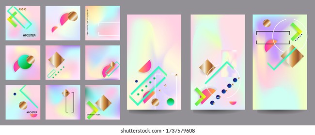 Gradient mesh cover set of backgrounds texture foil pearl shades. Abstract stylish gradient with holographic foil. 90s, 80s retro style