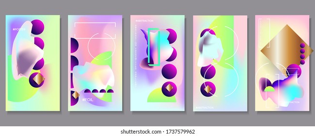 Gradient mesh cover set of backgrounds texture foil pearl shades. Abstract stylish gradient with holographic foil. 90s, 80s retro style