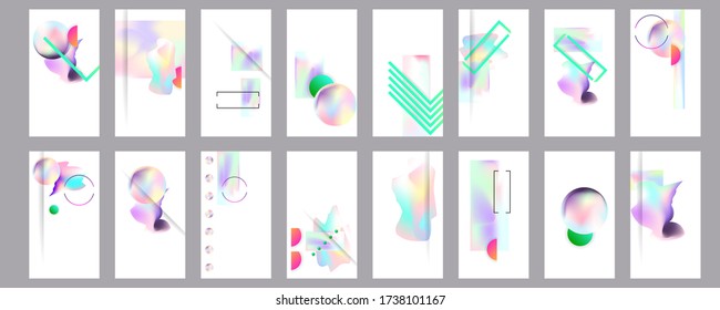 Gradient mesh cover set of backgrounds texture foil pearl shades. Abstract stylish gradient with holographic foil. 90s, 80s retro style