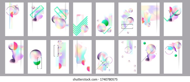 Gradient mesh cover set of backgrounds texture foil pearl shades. Abstract stylish gradient with holographic foil. 90s, 80s retro style